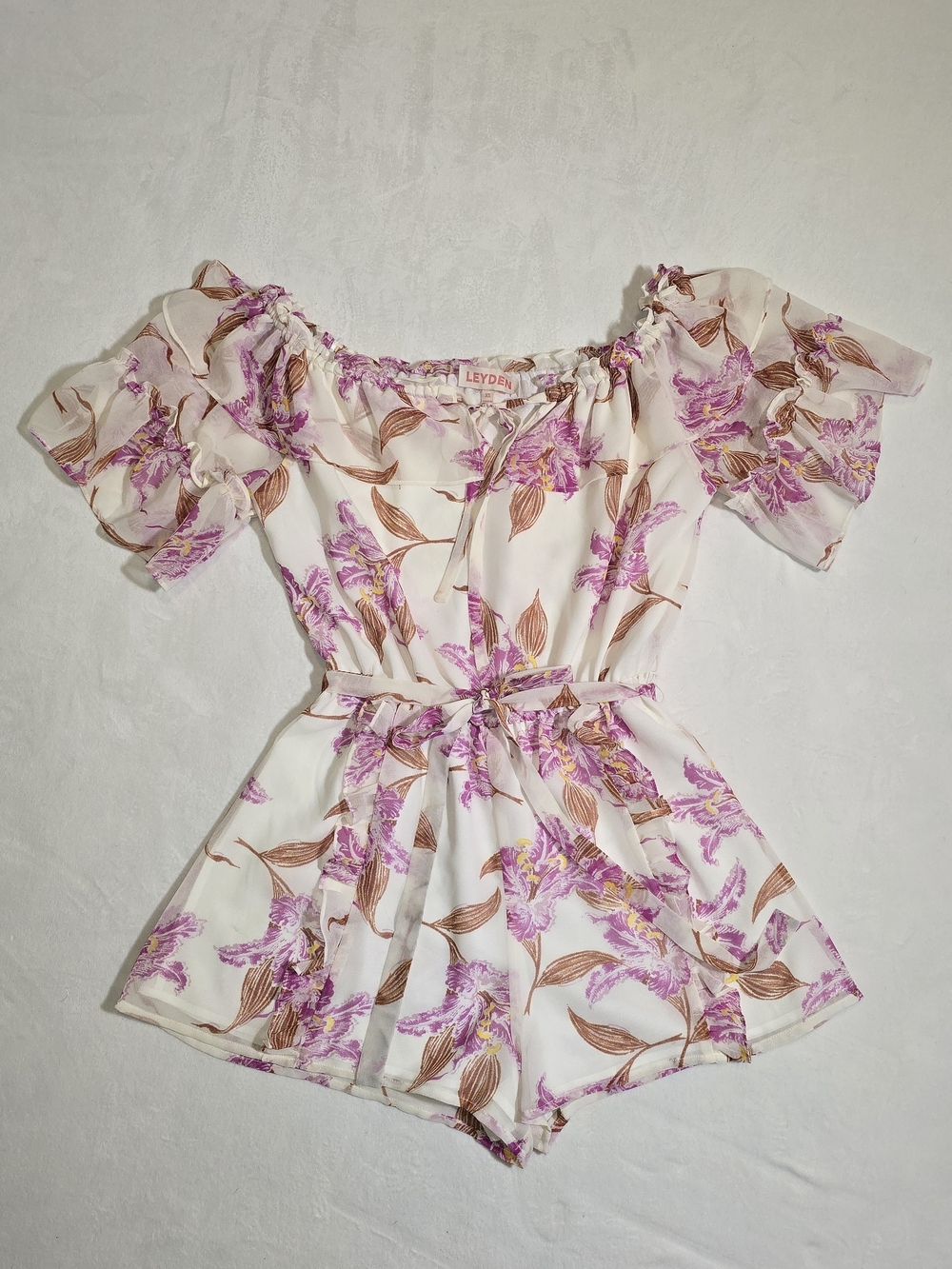 Leyden Cream Floral Off-Shoulder Romper with Pink and Peach Prints